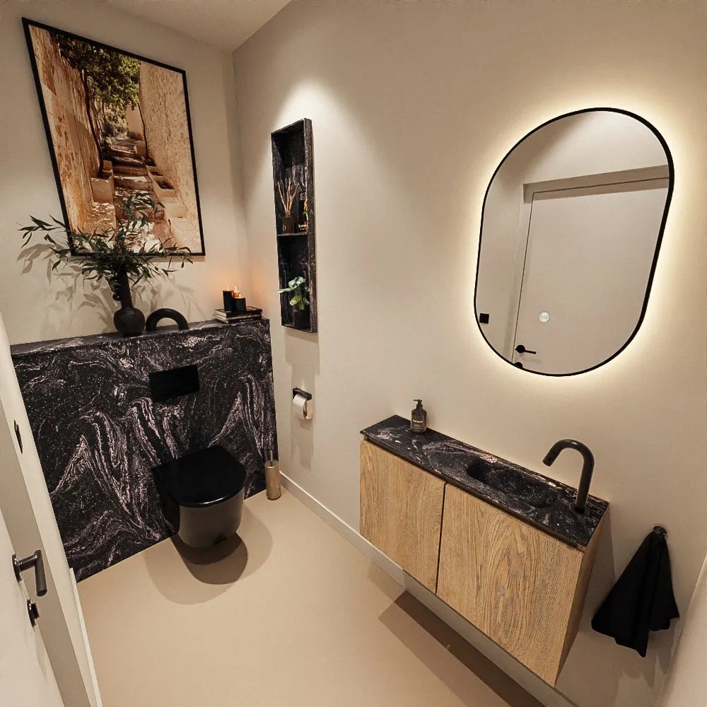 Mondiaz Ture DLux toiletmeubel 80cm washed oak met wastafel lava rechts met kraangat