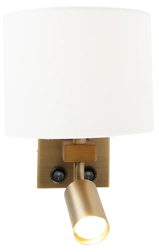 Wandlamp brons met leeslamp en katoenen kap 18 cm wit - Brescia Modern E27 vierkant Binnenverlichting Lamp