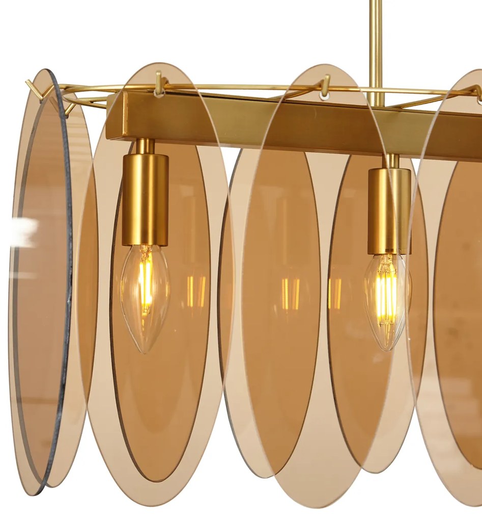Eettafel / Eetkamer Art Deco hanglamp goud met amber glas ovaal 5-lichts - Mochan Art Deco E14 Binnenverlichting Lamp
