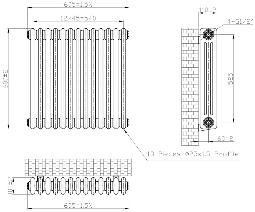 Eastbrook Imperia 3 koloms radiator 60x60cm 1081W metaal