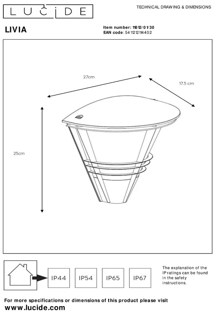 Lucide Livia halfronde LED wandlamp 60W 27x18cm zwart