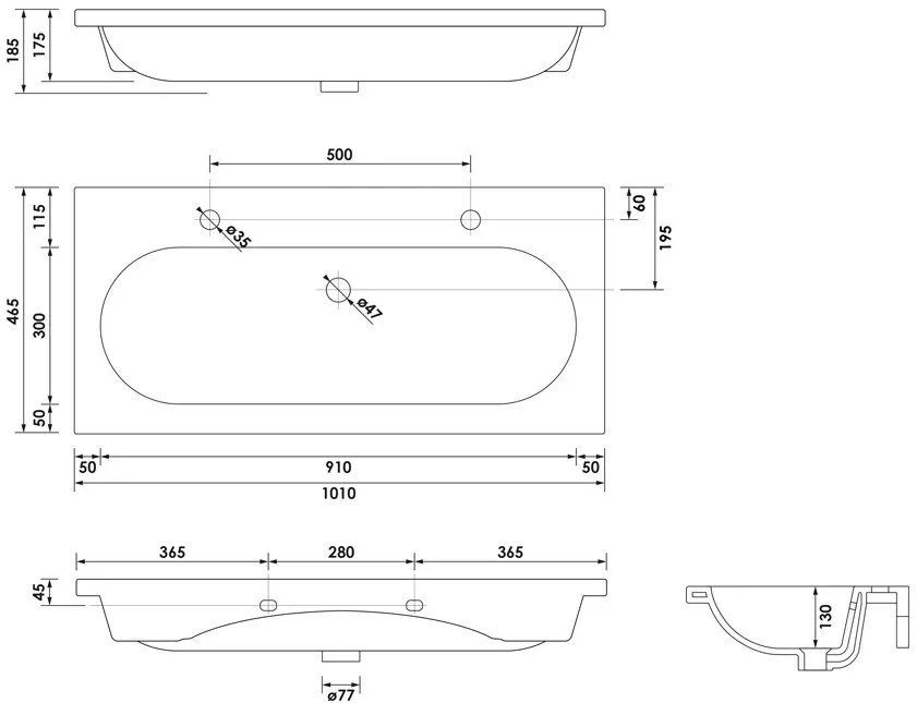 Brauer Moon wastafel keramiek 100cm met 2 kraangaten wit glans