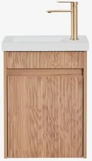 Narek Zwevend Houten Badkamermeubelset Met Geïntegreerde Wastafel Spiegelloze & Ash Brown & Geborsteld Goudkleurig ↑20 Cm Met Overloop Aftapventiel Al