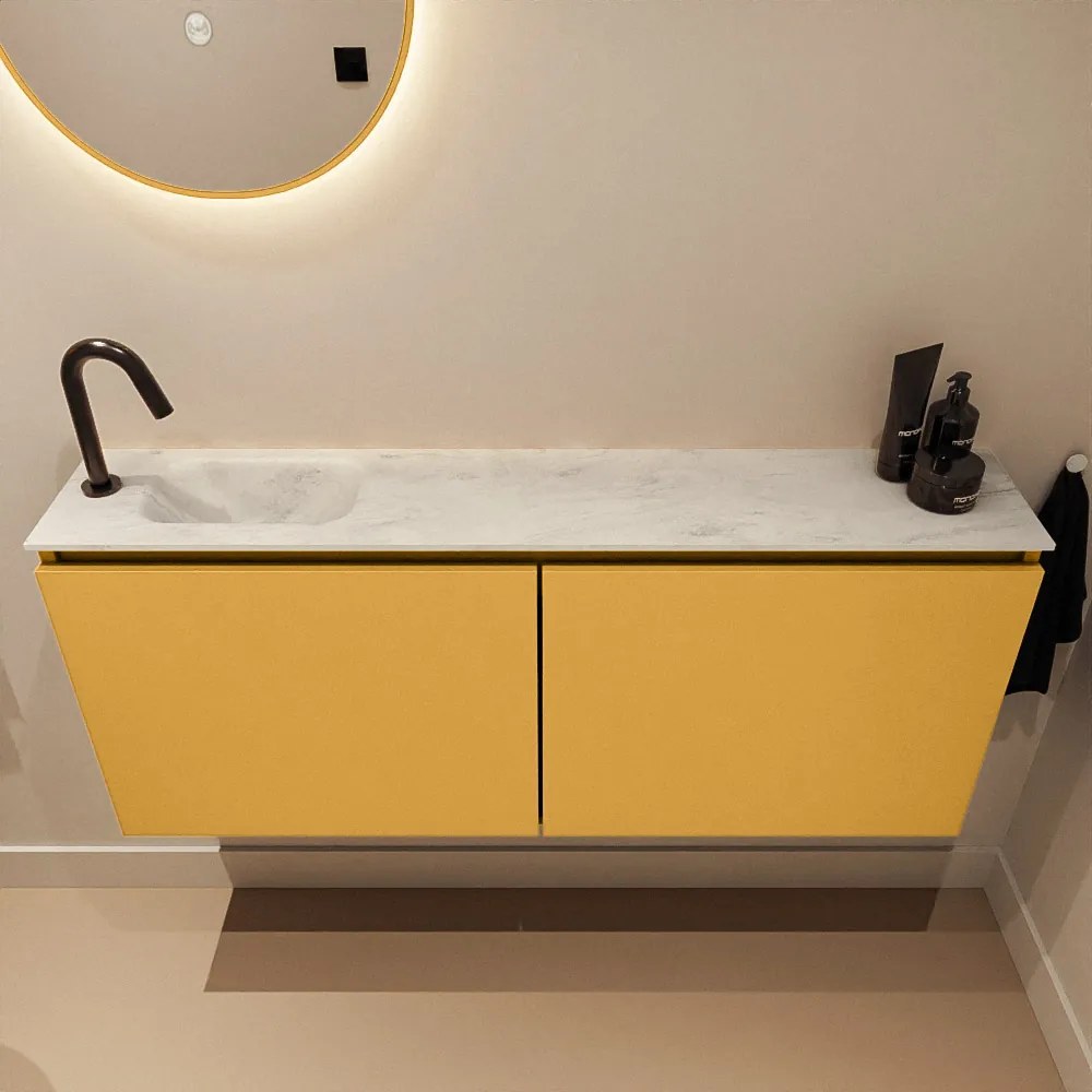 Mondiaz Ture DLux toiletmeubel 120cm ocher met wastafel opalo links met kraangat