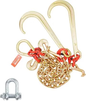 VEVOR G80 V-snaar sleepketting, 3/8 inch x 2 voet sleepketting met 15 inch J-haak, T-haak en grijphaak, zware transport sleepketting met een veilige werklast van 7800 lbs voor het bergen van platte vrachtwagens