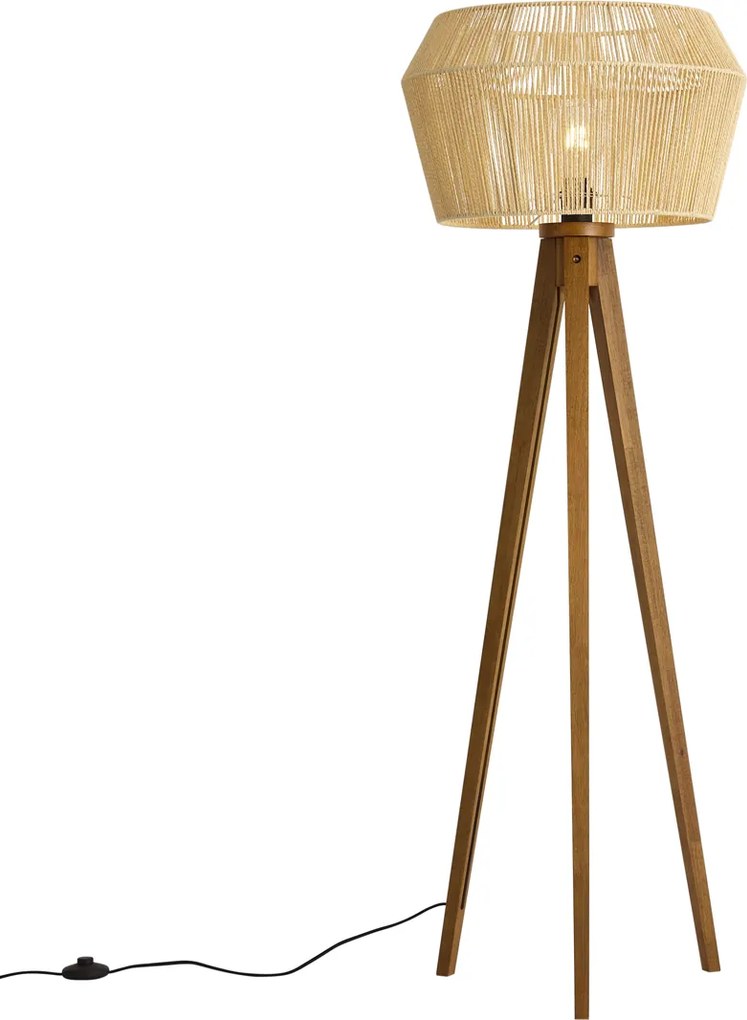 Vloerlamp vintage hout met bruine papieren touw kap 50/50/30 - Tripod Classic
