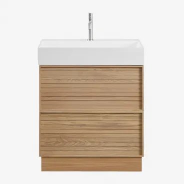 Badmeubelset 70x50 Cm Van Hout Met Geïntegreerde Wastafel Jolene Natuurlijk Hout & Spiegelloze & Geborsteld Grijs ↑20 Cm - Sklum