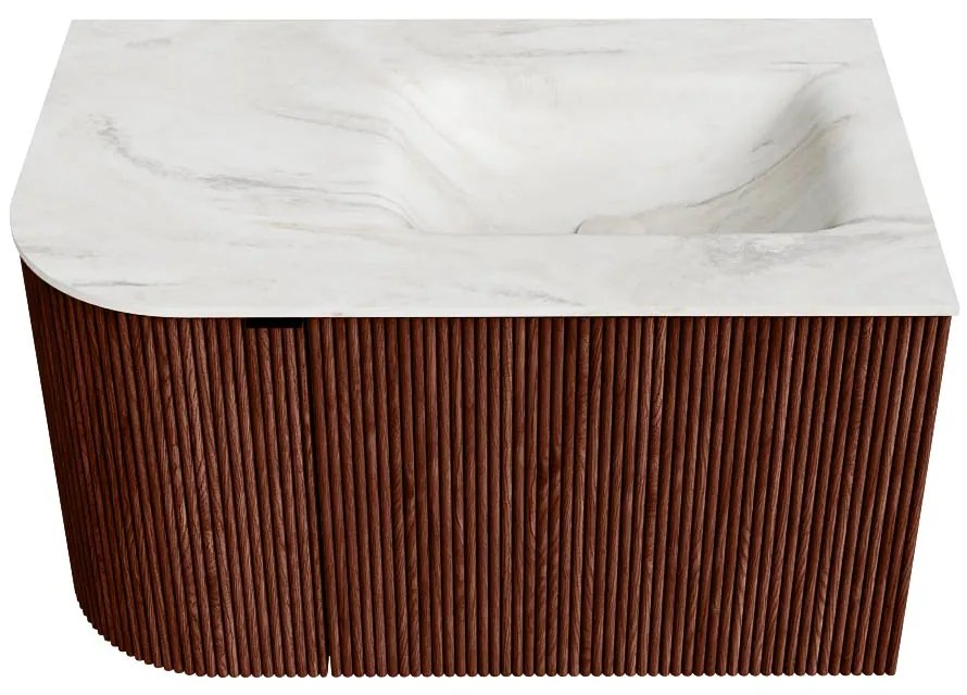 Mondiaz Kurve-dlux 75cm badmeubel ronding links ruby met 1 lade en deur en wastafel grunne kraangat rechts ostra