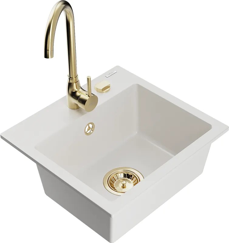 Mexen Milo granieten gootsteen 1-komers met keukenkraan Telma, wit - 6505-20-670200-50