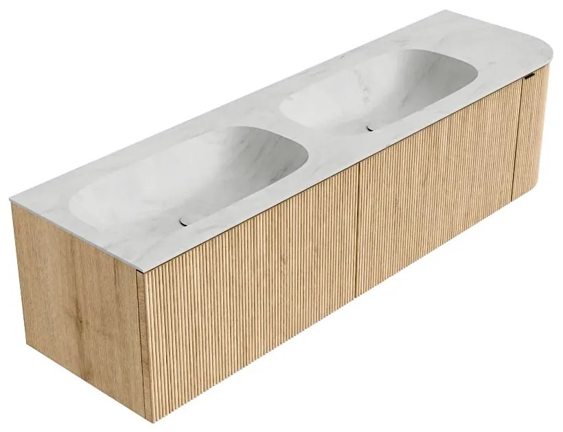 Mondiaz Kurve-dlux 165cm badmeubel ronding rechts oak met 2 lades en 1 deur en wastafel stor small dubbel/links 2 kraangaten opalo