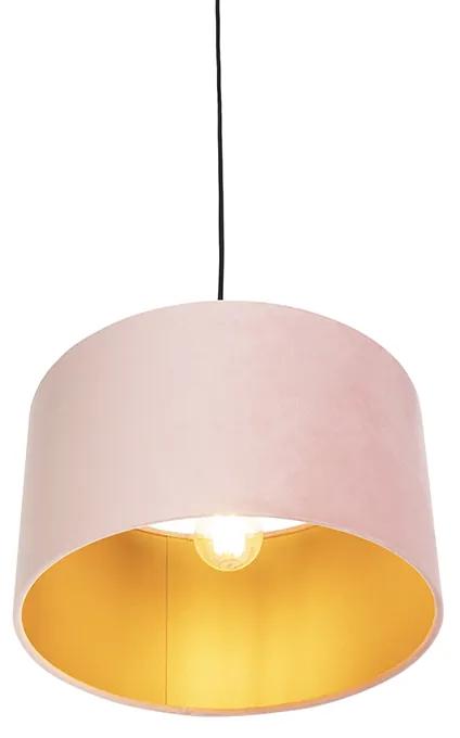 Stoffen Hanglamp met velours kap roze met goud 35 cm - Combi Landelijk / Rustiek E27 cilinder / rond rond Binnenverlichting Lamp