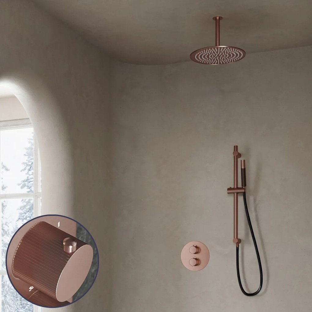 Saniclear Copper Stripes Pro inbouw regendouche rond met 20cm hoofddouche, plafondarm en glijstang geborsteld koper