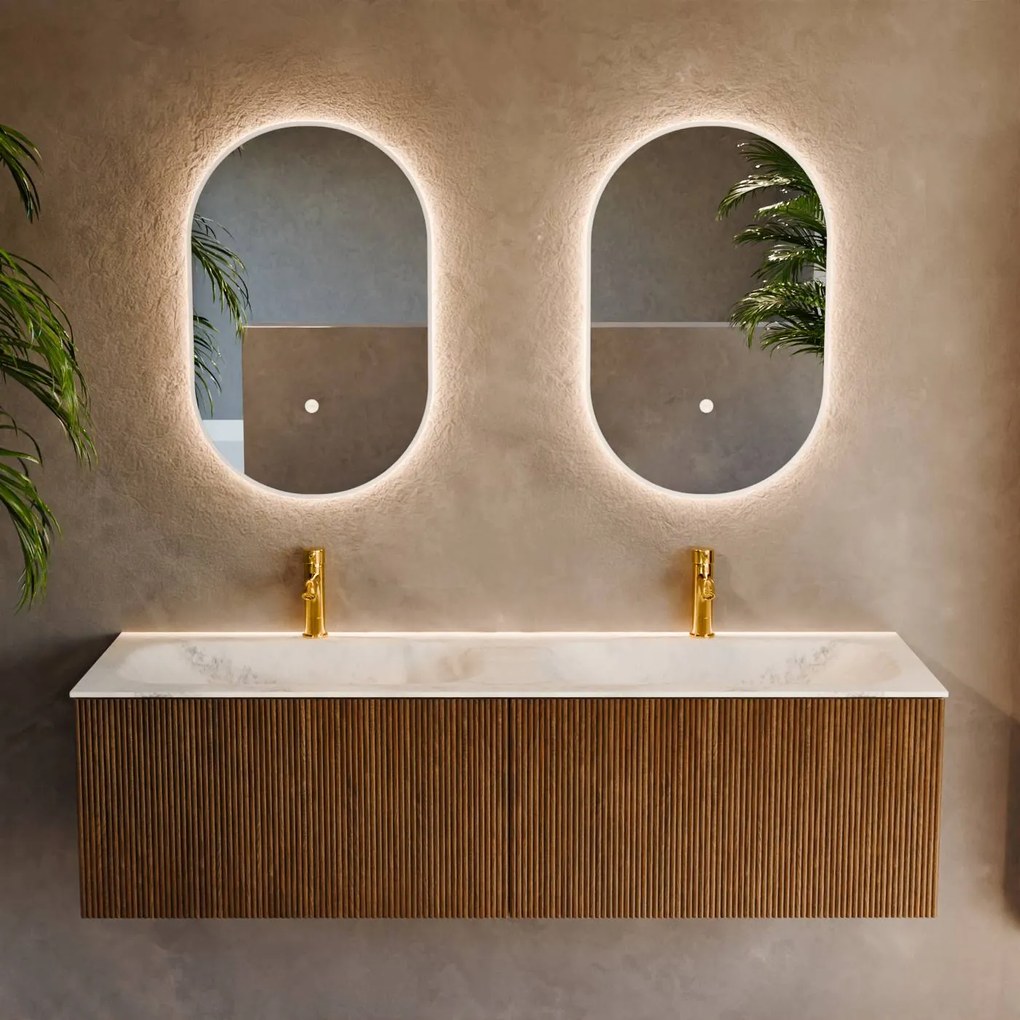 Mondiaz Kurve-dlux 150cm badmeubel dusk met 2 lades en wastafel stor small dubbel 2 kraangaten opalo