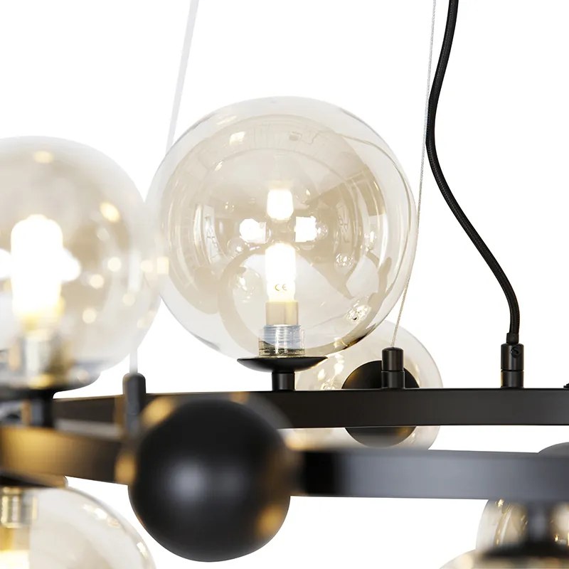 Art deco hanglamp zwart met amber glas 12-lichts - David