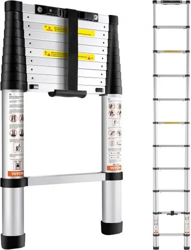 VEVOR 3,2 m telescopische ladder, antislip vouwladder, 48x9,5x76,5 cm, trapladder, intrekbaar met één druk op de knop, multifunctionele ladder, aluminiumlegering, draagvermogen 170 kg, ideaal voor klussen in huis, decoratie en schilderen.