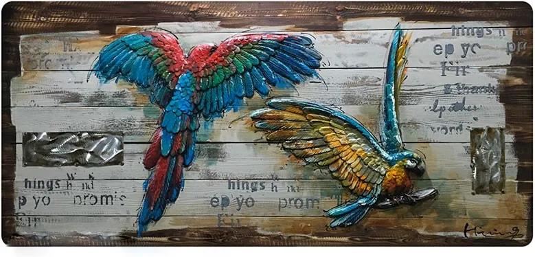 3D houten schilderij vliegende papegaaien