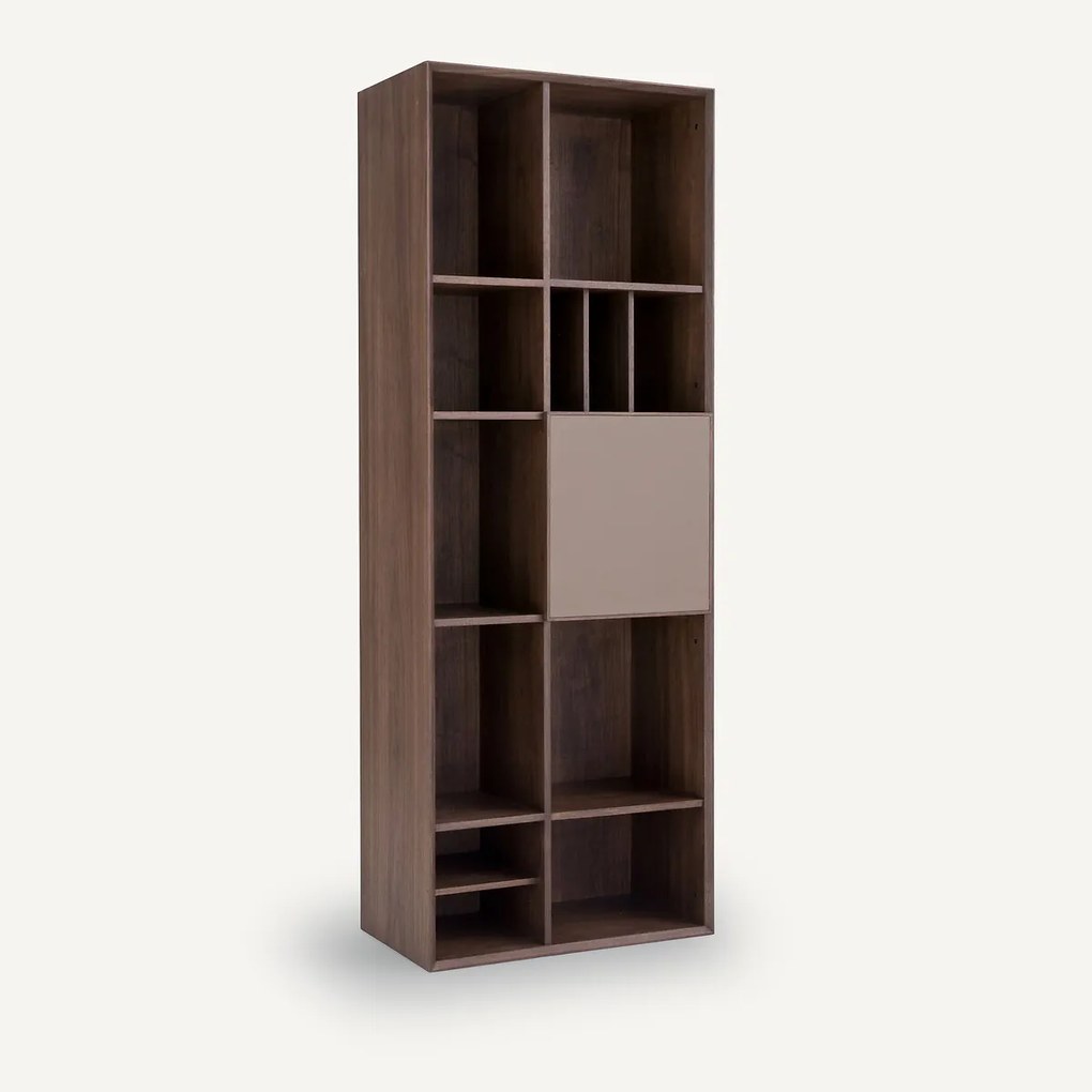 Boekenkast in notenhoutfineer met leren deur, Mikube