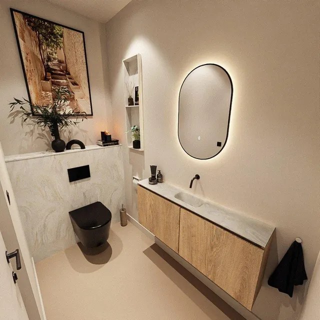 MONDIAZ TURE-DLUX 120cm toiletmeubel Washed Oak. EDEN wastafel Ostra positie midden. Zonder kraangat. TUREDX120WASM0OST