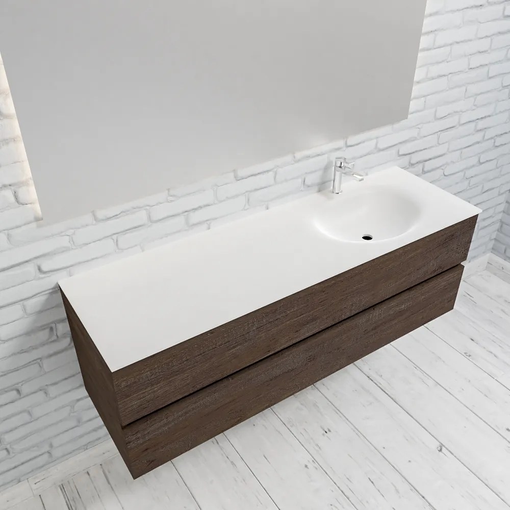 Zaro Sevilla Solid Surface badmeubel 150cm donker eiken 1 kraangat spoelbak rechts met 2 lades