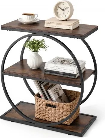 VEVOR bijzettafel, smal nachtkastje met 3 niveaus en open planken, modern nachtkastje met rond metalen frame, houten salontafel voor woonkamer, slaapkamer, kantoor, rustiek bruin