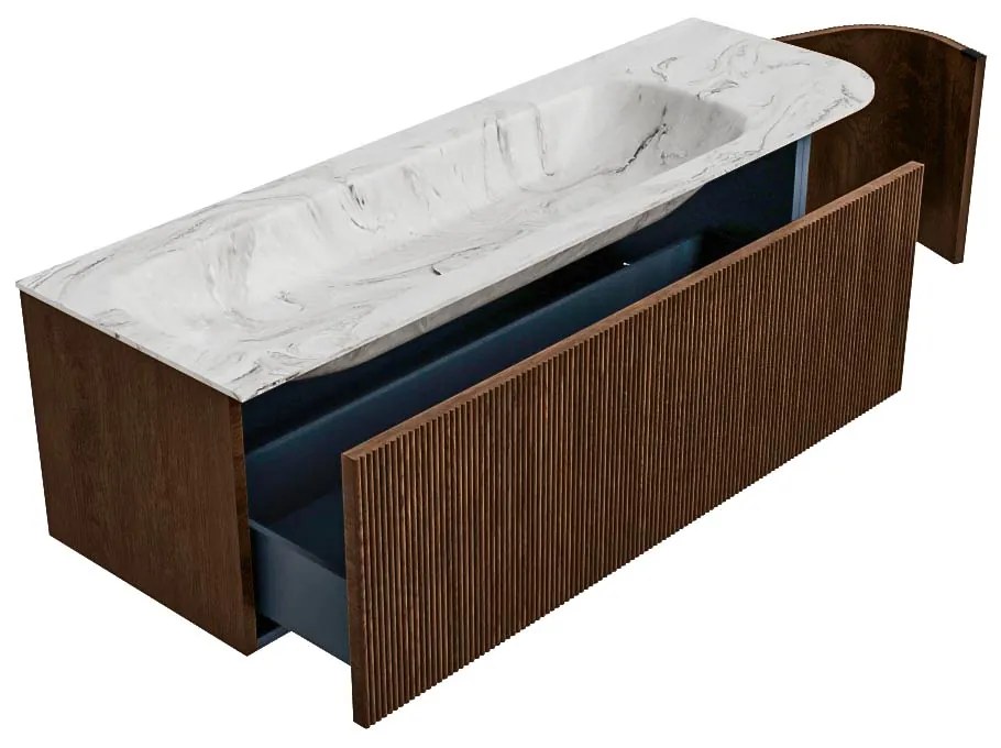 Mondiaz Kurve-dlux 145cm badmeubel ronding rechts walnut met 1 lade en deur en wastafel big large links zonder kraangat glace