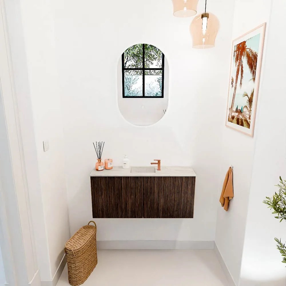 Mondiaz Joya DLux 90cm toiletmeubel walnut met wastafel faye midden 1 kraangat ostra