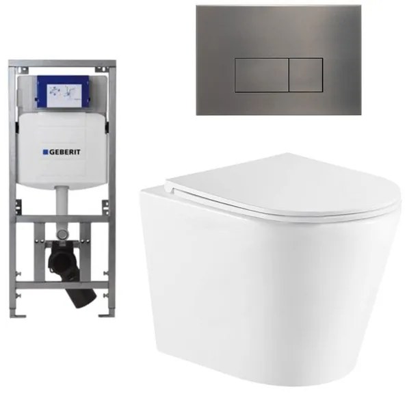 QeramiQ Dely Toiletset - 36.3x51.7cm - diepspoel - rimless - Geberit UP320 inbouwreservoir - met Burda frame - softclose toiletzitting - gunmetal bedieningsplaat - rechtehoekige knoppen - wit glans SW1026255/0701131/SW706199/SW1159504