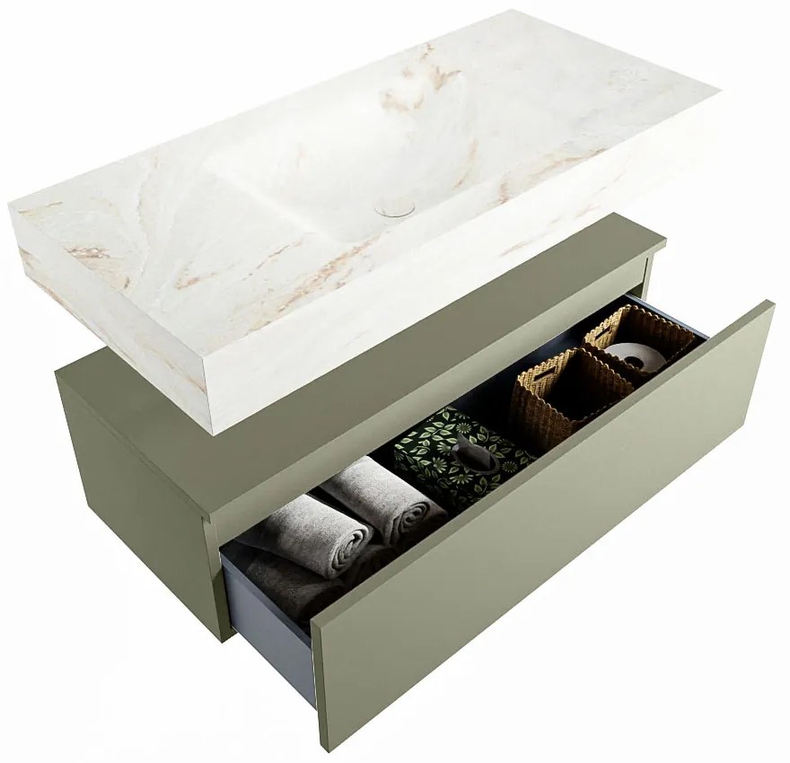 Mondiaz Alan DLux badmeubel 100cm army 1 lade met wastafel frappe midden 1 kraangat