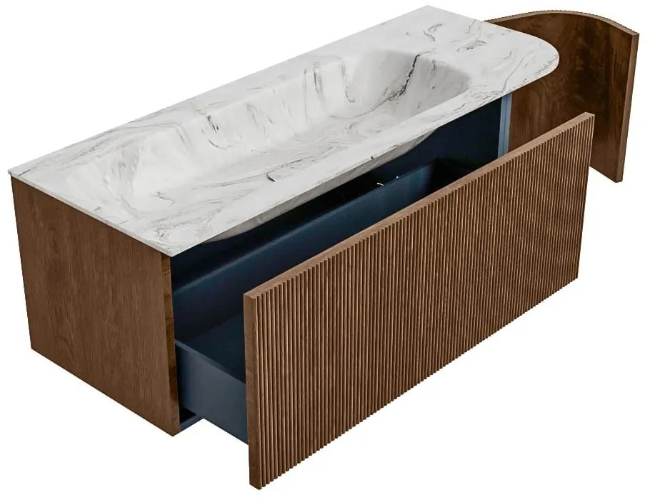 Mondiaz Kurve-dlux 125cm badmeubel ronding rechts walnut met 1 lade en deur en wastafel big medium links zonder kraangat glace