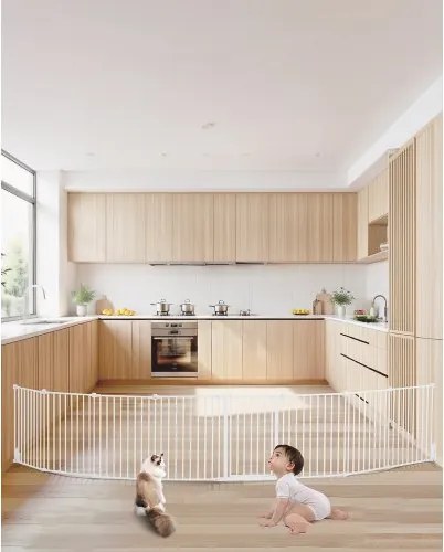 VEVOR Baby Gate Scheidingshek (4877 mm B / 711 mm H), 8-delige opvouwbare hondenhek, kan tussen twee muren of als hek worden geïnstalleerd, met één hand te openen, voor trappen en deuren, wit