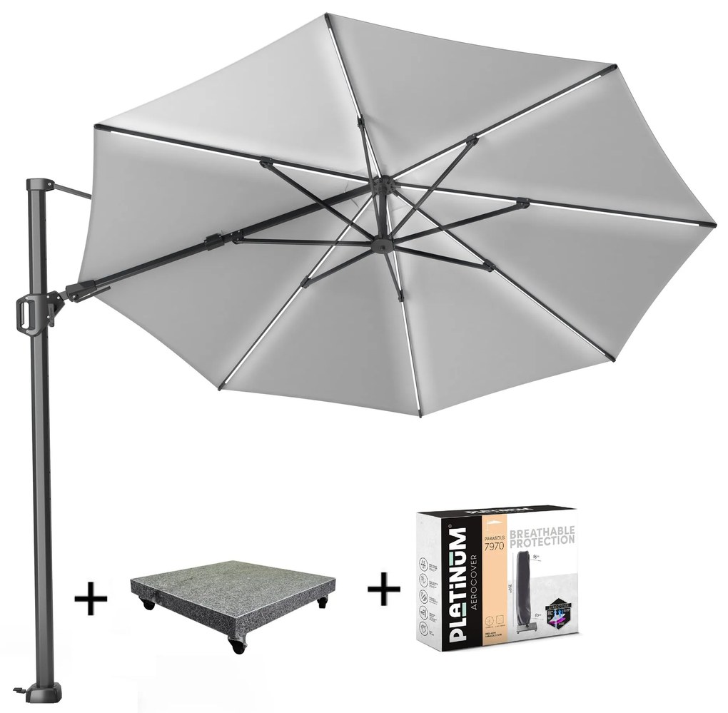 Challenger T2 glow zweefparasol 350 cm rond lichtgrijs met 90KG voet en hoes