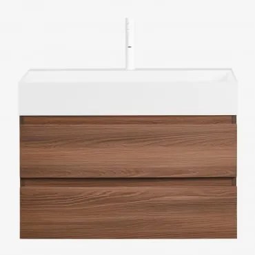 Ona Zwevend Badkamermeubelset Van Hout En Essenfineer Met Geïntegreerde Wastafel Spiegelloze & Wit ↑20 Cm Met Aftapkraan Zonder Overloop Orveta & Donk