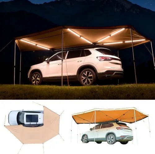 VEVOR Autoluifel, 6,09 x 4,14 x 2,1 m, 270° luifel met geïntegreerde LED-verlichting, zonnescherm, UV50+ zijluifel, vrijstaande all-weather autoluifel, zonnescherm voor SUV's en trucks tijdens het kamperen