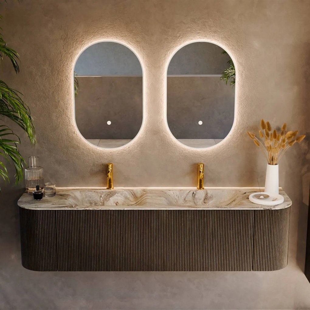 Mondiaz Kurve-dlux 170cm badmeubel ronding links/rechts shadow met 1 lade en 2 deuren en wastafel leaf dubbel 2 kraangaten glace