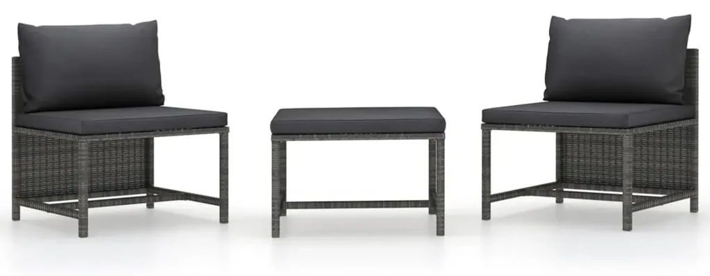 vidaXL 3-delige Loungeset met kussens poly rattan grijs