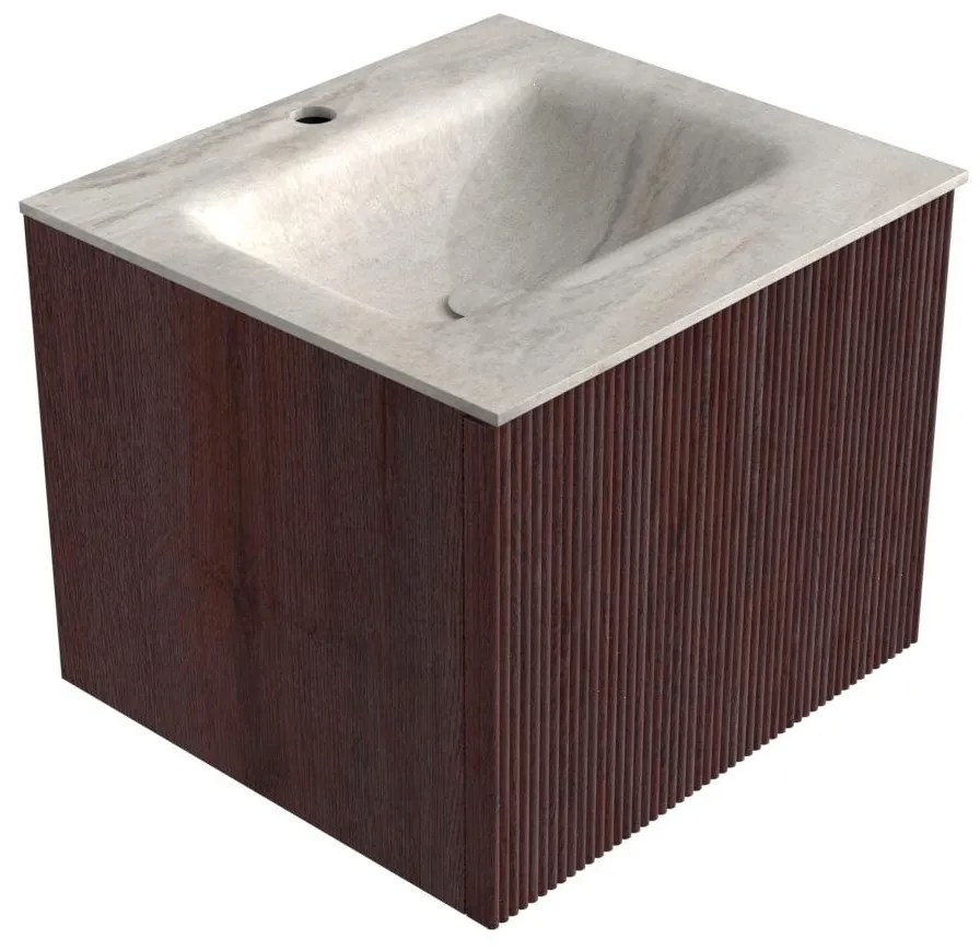 Mondiaz Kurve-dlux 50cm badmeubel ruby met 1 lade en wastafel grunne midden 1 kraangat ostra
