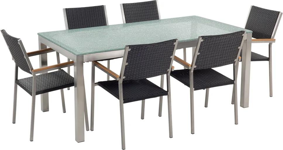 Tuinset matglas/RVS enkel tafelblad 180 x 90 cm met 6 stoelen zwart rotan GROSSETO
