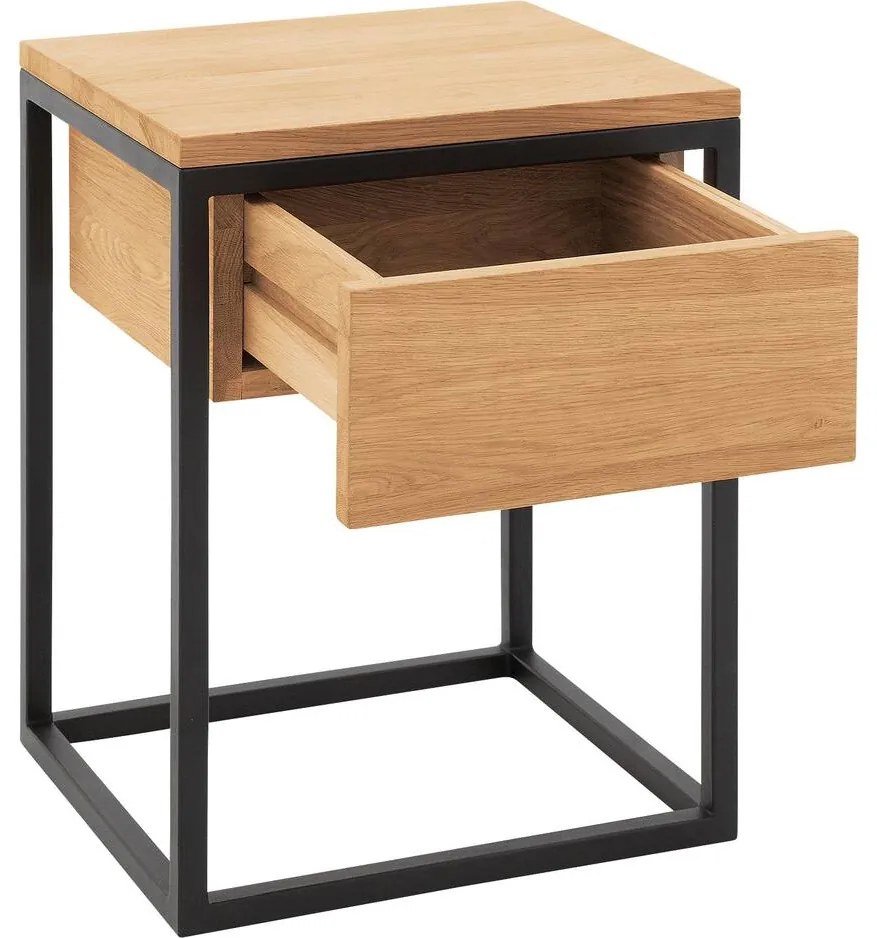 Goossens Nachtkastje Ord, Metaal ral 9005 zwart, met lade en bovenblad massief eik, 40 x 35 x 57 cm hoog