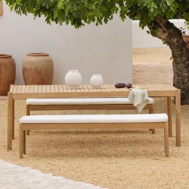 Rechthoekige Tafelset 220x100 Cm En 2 Tuinbanken In Karvia Acaciahout Lichte Acaciekleur & Stof Wit - Sklum