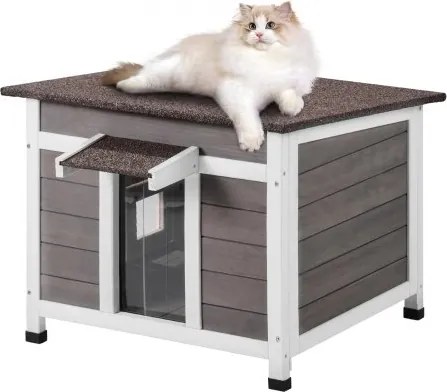 VEVOR Buitenkattenhuis, Weerbestendig, Wilde Kattenhuis voor Meerdere Katten, Houten Buitenkatten-/Konijnenhuis met Raam, Open Dak en PVC Deurkleppen, 61 x 53 x 46 cm (L x B x H)