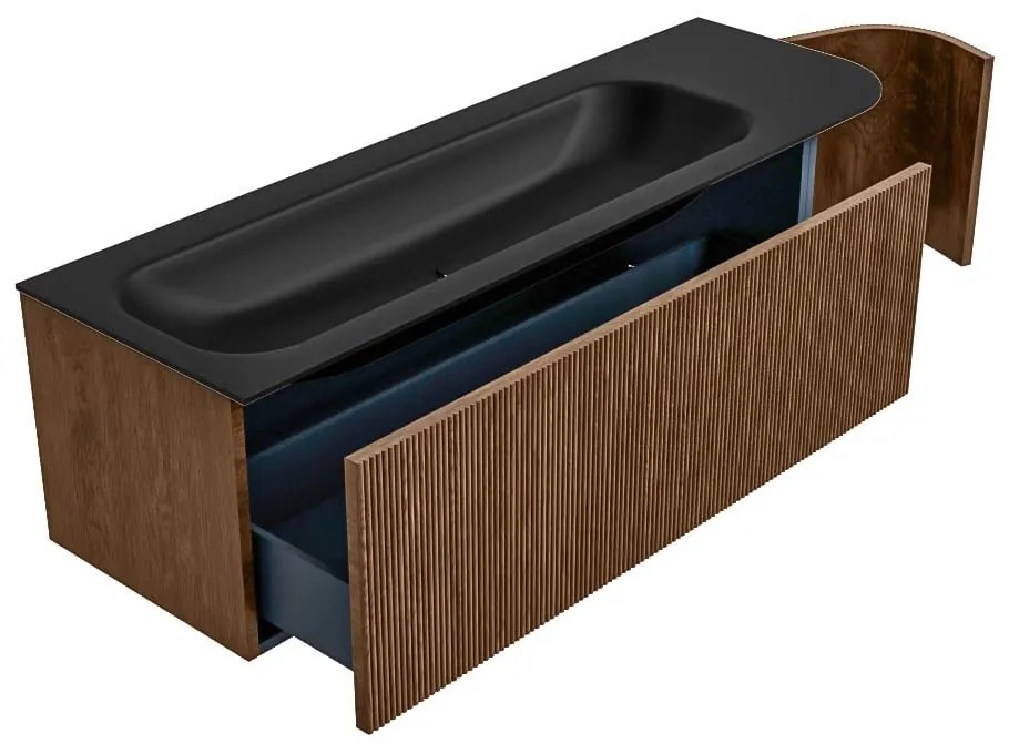 Mondiaz Kurve 145cm badmeubel ronding rechts walnut met 1 lade en deur en wastafel big large kraangat links urban