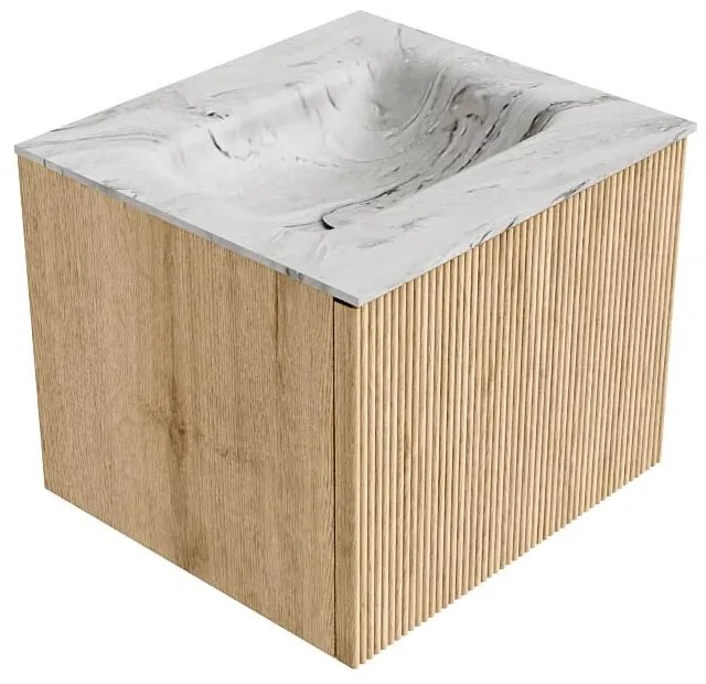 Mondiaz Kurve-dlux 50cm badmeubel oak met 1 lade en wastafel grunne midden 1 kraangat glace