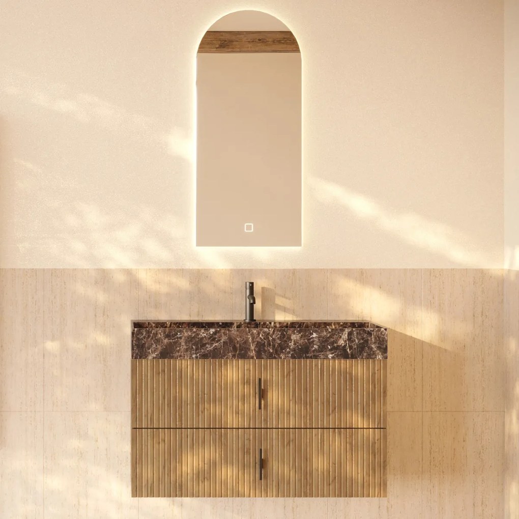 Muebles Murcia badmeubel ribbelfront 100cm eiken met Dark Emperador wastafel met kraangat