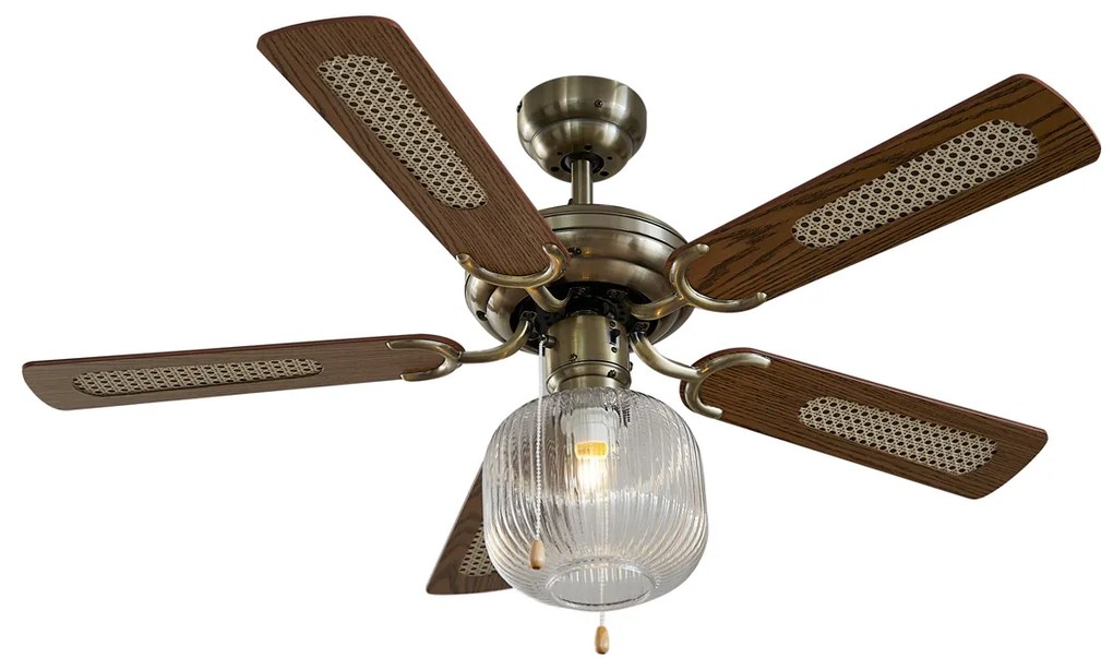 Plafondventilator met lamp messing met hout 107.5cm met trekschakelaar - Mistral Karel Industriele / Industrie / Industrial E14 rond Binnenverlichting Lamp