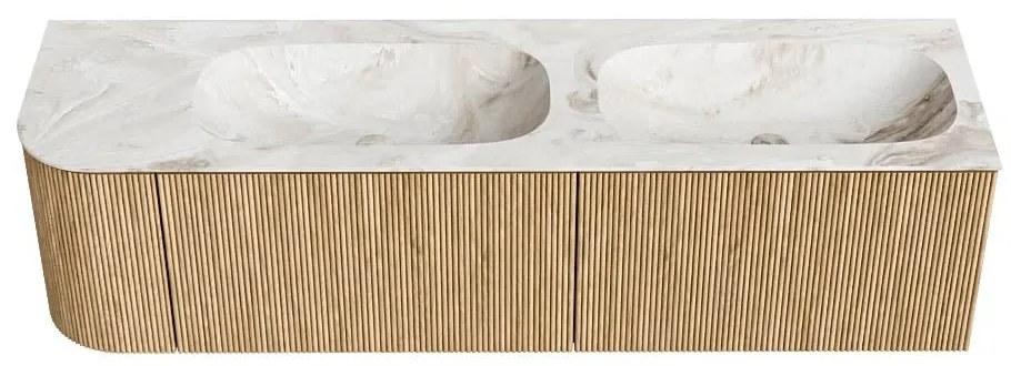 Mondiaz Kurve-dlux 165cm badmeubel ronding links oak met 2 lades en 1 deur en wastafel stor small dubbel/rechts zonder kraangat frappe