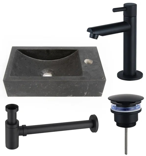 Saniclass Fuente fonteinset - 40x22 - 1 kraangat - rechts - natuursteen - fonteinkraan zwart mat - donker SW696235/SW696205/SW696215/SW728242