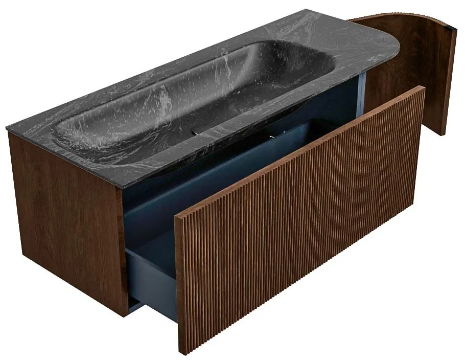 Mondiaz Kurve-dlux 125cm badmeubel ronding rechts walnut met 1 lade en deur en wastafel big medium kraangat links lava