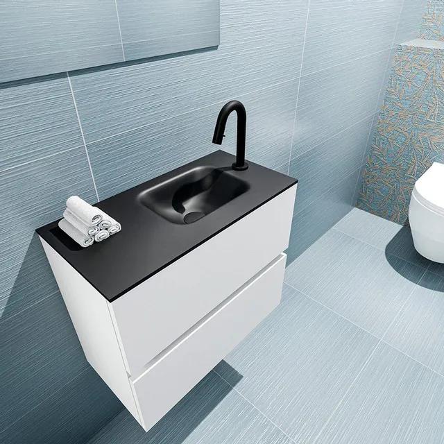 MONDIAZ ADA Toiletmeubel - 60x30x50cm - 1 kraangat - 2 lades - talc mat - wasbak rechts - Solid surface - Zwart FK75342066