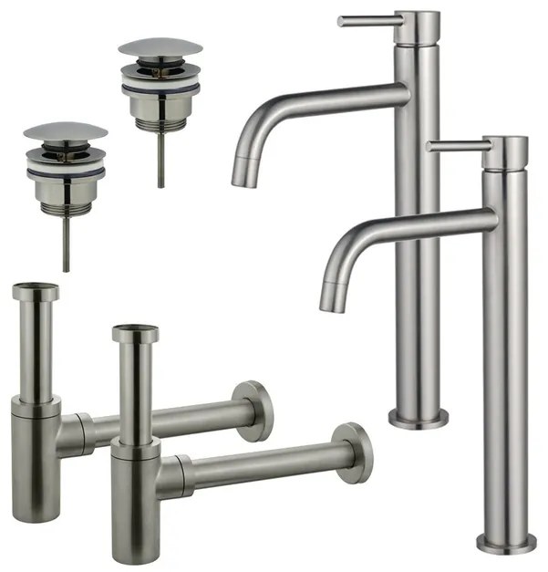 Fortifura Calvi Slim Wastafelkraanset - voor dubbele wastafel - verhoogde wastafelkraan - klikwaste plug - design sifon - Geborsteld RVS PVD (RVS) 2x SW377859/2x SW696201/2x SW696212