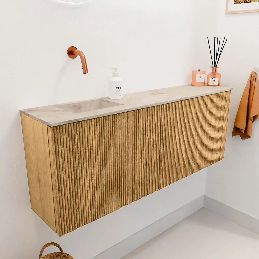 Mondiaz Joya DLux 110cm toiletmeubel ronding rechts oak met wastafel faye links zonder kraangat frappe